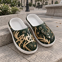 MIL in Gold Script - Green and Cream Graffiti Clogs
