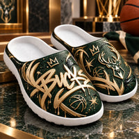 MIL in Gold Script - Green and Cream Graffiti Clogs
